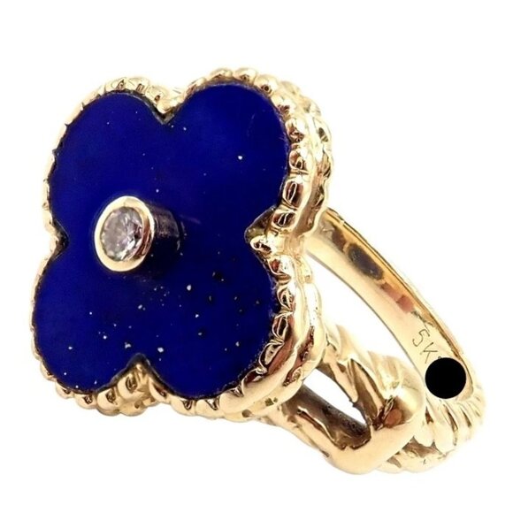 Van Cleef & Arpels Alhambra 18k Yellow Gold Lapis Lazuli Diamond Ring Sz 4 - Picture 14 of 14